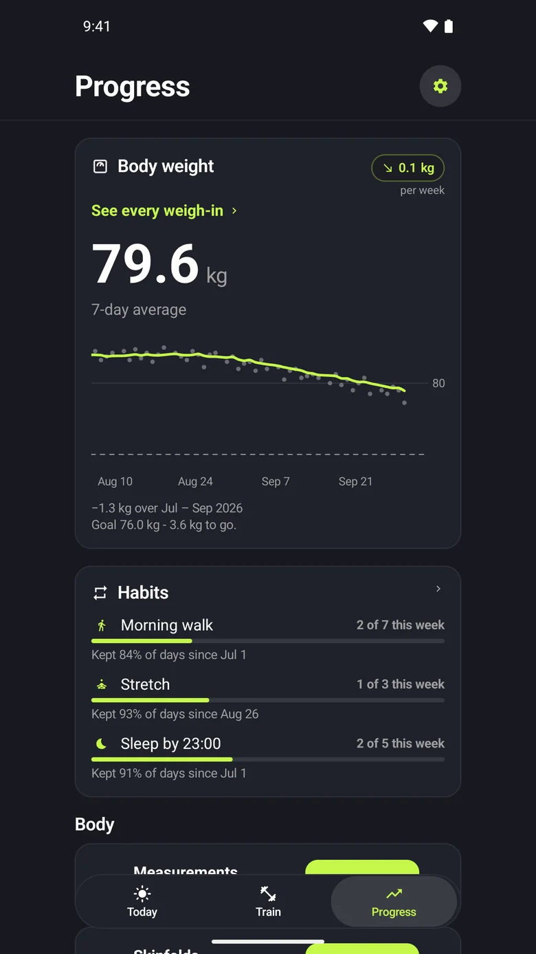 The Android Progress screen with a seven-day body-weight average of 79.6 kg, a weight trend chart and habit tracking.