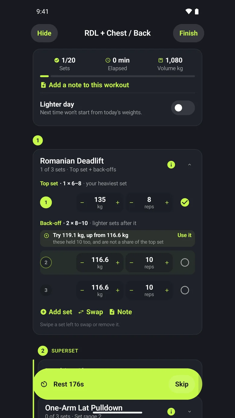 ProgressLoop on Android: Romanian Deadlift in an active workout, with a completed top set, back-off sets and a rest timer.