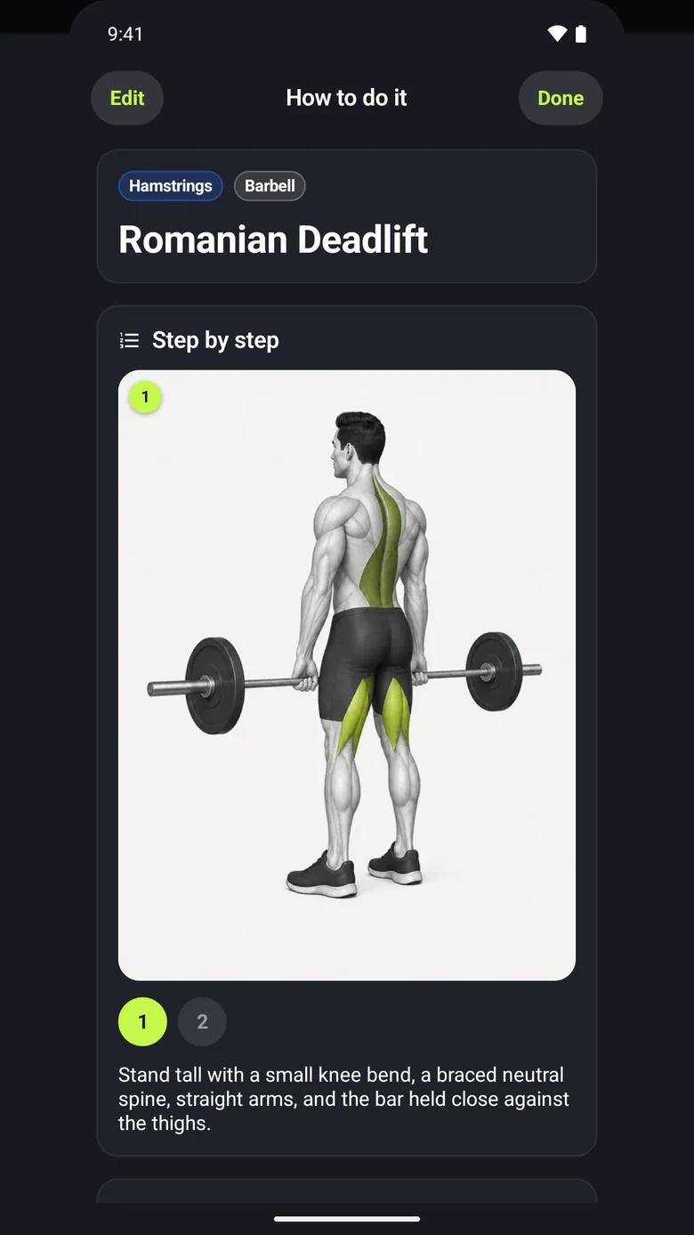 The Android exercise guide for Romanian Deadlift: hamstrings, barbell, an illustrated first step and instructions for the starting position.