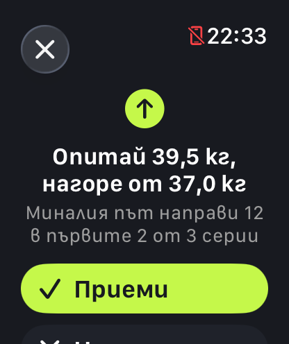 Предложението за тежест, отворено на часовника: опитай 39,5 кг вместо 37,0 кг, защото миналия път направи 12 повторения в първите 2 от 3 серии, с бутон „Приеми“.