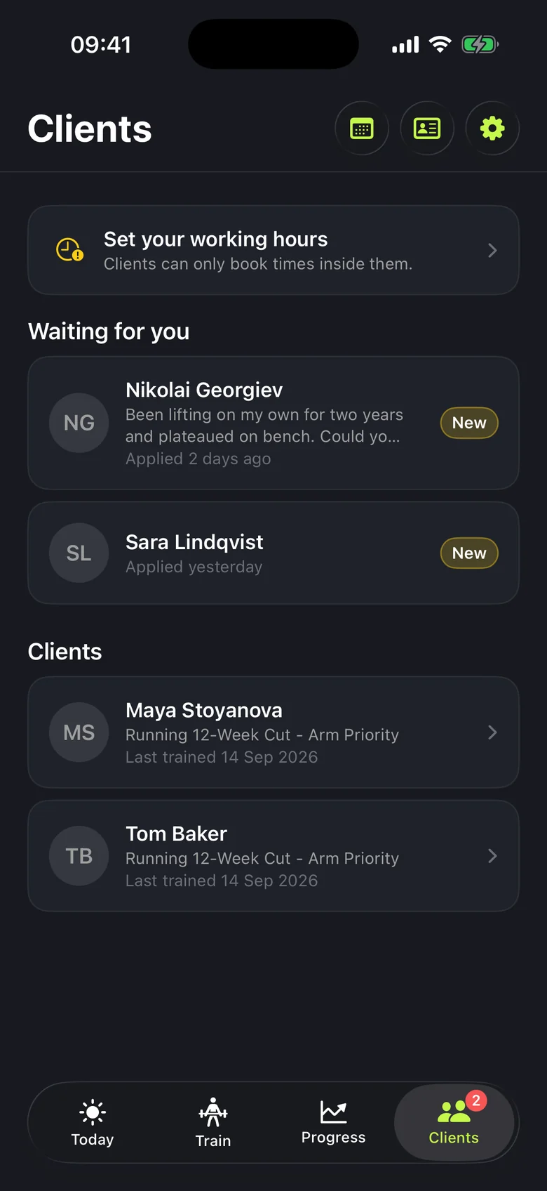 The Clients tab a trainer sees: a prompt to set working hours, two new applications waiting from Nikolai Georgiev and Sara Lindqvist, and two clients, Maya Stoyanova and Tom Baker, both running 12-Week Cut - Arm Priority and last trained on 14 September 2026.