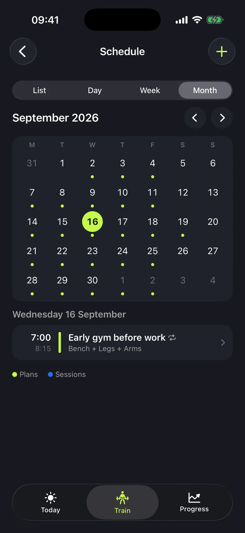 The schedule in month view for September 2026, with plans marked on most weekdays and, on Wednesday 16 September, a repeating plan called Early gym before work from 7:00 to 8:15 for the Bench + Legs + Arms workout.