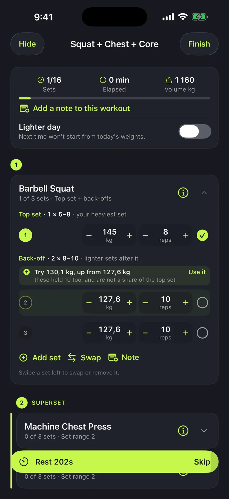 An iPhone workout called Squat + Chest + Core: a completed Barbell Squat top set at 145 kg for 8 reps, back-off sets, a weight suggestion and a rest timer.