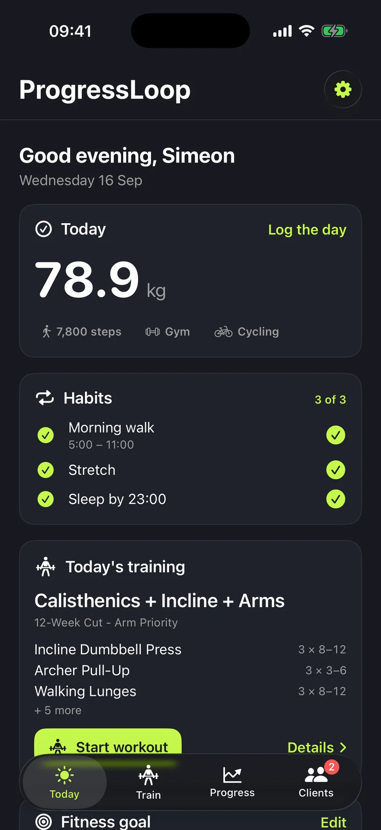 The Today screen: body weight at 78.9 kg, 7,800 steps, gym and cycling logged, three habits all ticked including a morning walk due between 5:00 and 11:00, and today's training, Calisthenics + Incline + Arms from the 12-Week Cut - Arm Priority programme.