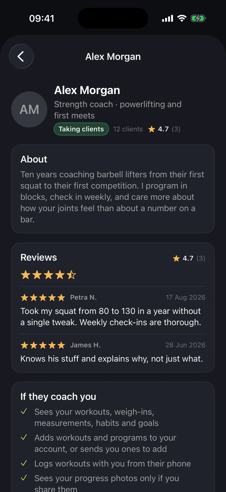 A trainer's profile: Alex Morgan, a strength coach for powerlifting and first meets, taking clients, with 12 clients and a 4.7 rating from 3 reviews, an about section, and two five-star reviews signed Petra N. and James H.