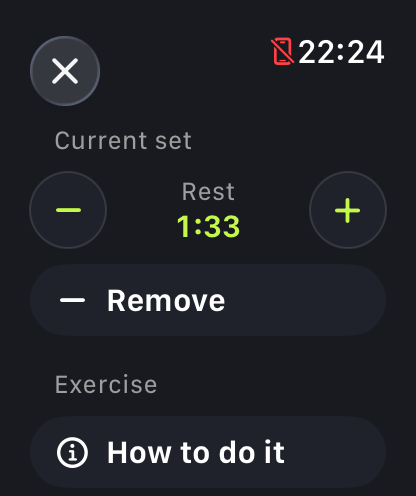 The workout's actions sheet: the current rest at 1:33 with minus and plus buttons, Remove, and How to do it for the exercise.