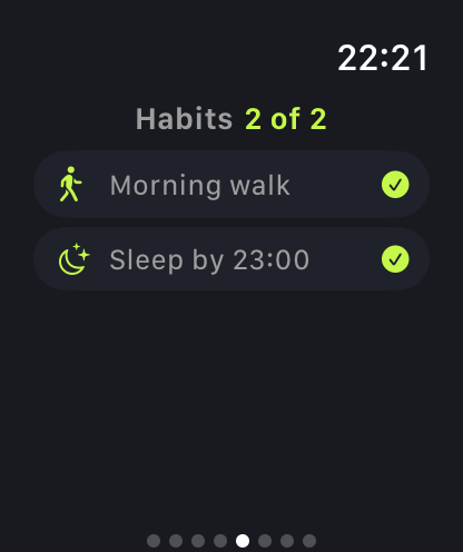 The watch's Habits page, 2 of 2 done: Morning walk and Sleep by 23:00, both ticked.