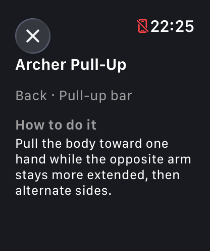 How to do the Archer Pull-Up, on the watch: back, pull-up bar, and the instruction to pull the body toward one hand while the other arm stays more extended, then alternate sides.