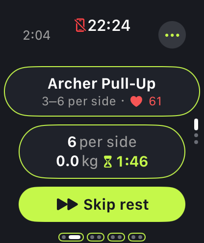 The rest between sets: next up Archer Pull-Up, 3 to 6 reps per side, a heart rate of 61, 6 per side at 0.0 kg, the rest counting down at 1:46 and a Skip rest button.