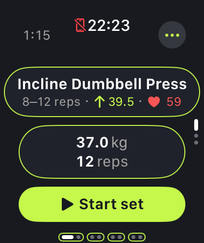 The set page for Incline Dumbbell Press: 8 to 12 reps with a suggested 39.5 kg and a heart rate of 59, 37.0 kg for 12 reps and a Start set button.
