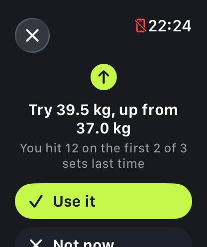 The weight suggestion opened on the watch: try 39.5 kg, up from 37.0 kg, because 12 reps were reached on the first 2 of 3 sets last time, with a Use it button.