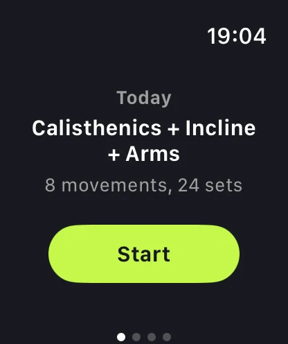 The watch's Today page: Calisthenics + Incline + Arms, 8 movements and 24 sets, with a Start button.