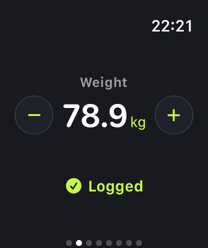 The watch's Weight page: 78.9 kg with minus and plus buttons, marked Logged.
