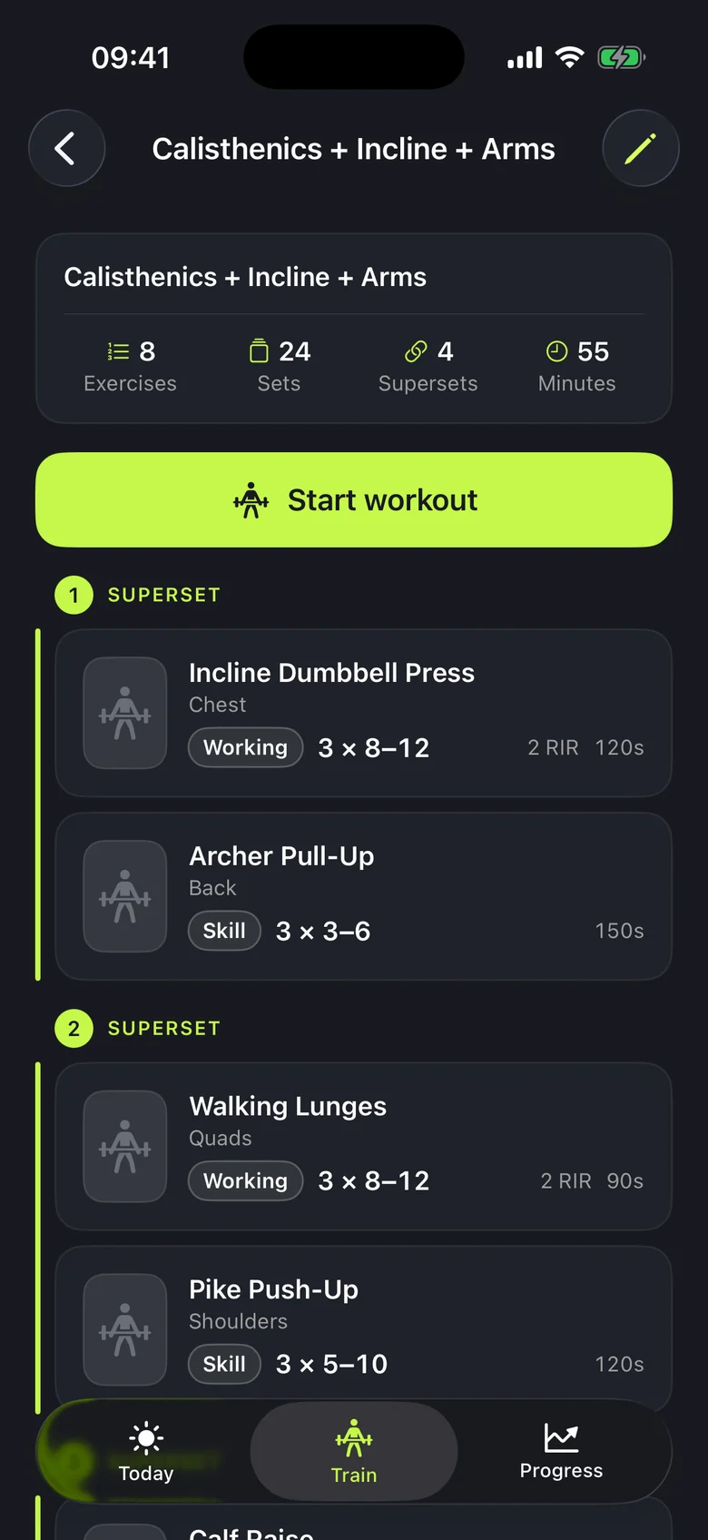 A workout called Calisthenics + Incline + Arms: 8 exercises, 24 sets, 4 supersets and 55 minutes, with incline dumbbell press as 3 working sets of 8 to 12 at 2 reps in reserve and 120 seconds' rest, paired in a superset with the archer pull-up skill for 3 sets of 3 to 6 reps.